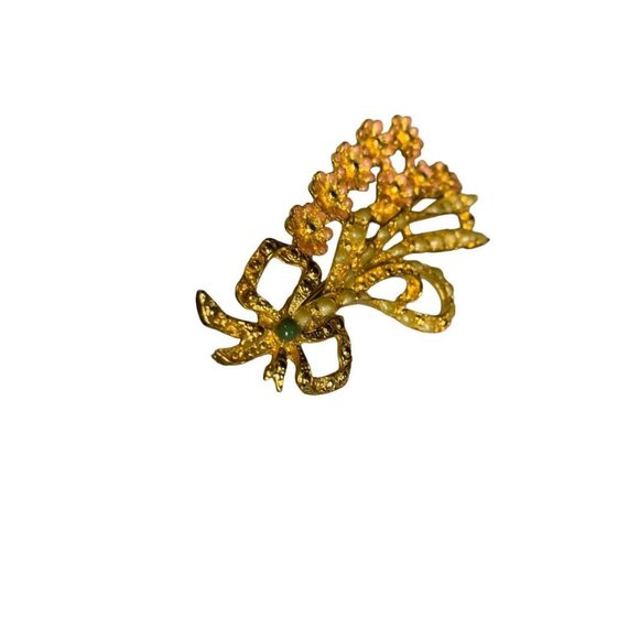 Vintage Goldtone Floral Spray Brooch 3" Pink Green Enameled - Picture 4 of 7